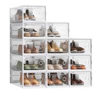 SONGMICS Clear Shoe Boxes, Set of 12 Shoe Storage Organisers, Stackable, Breathable, and Foldable, for Max. UK Size 8, Display Trainers, High Heels, Transparent and White LSP106W12V2