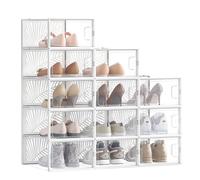 SONGMICS Clear Shoe Boxes, Set of 12 Shoe Storage Organsiers, Stackable, Breathable, and Foldable, for Max. UK Size 11, Display Trainers, High Heels, Transparent and White LSP106W12