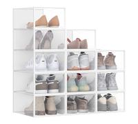 SONGMICS Clear Shoe Boxes, Set of 12 Shoe Storage Organsiers, Transparent, Easy Assembly, 33.2 x 23 x 14.5 cm, for Shoes up to UK Size 9, Transparent and Cloud White LSP312W01