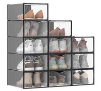 SONGMICS Clear Shoe Boxes, Set of 12 Shoe Storage Organsiers, Transparent, Easy Assembly, 33.2 x 23 x 14.5 cm, for Shoes up to UK Size 9, Transparent and Ink Black LSP312B01