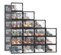 SONGMICS Clear Shoe Boxes, Set of 18 Shoe Storage Organisers, Stackable, Breathable, and Foldable, for Max. UK Size 8, Display Trainers, High Heels, Transparent and Black LSP106B18V2