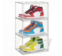 SONGMICS Transparent Stackable Shoe Boxes, Storage Organisers, Fits Shoes up to UK Size 12, Plastic with Magnetic Door, Set of 6 LSP706WH01