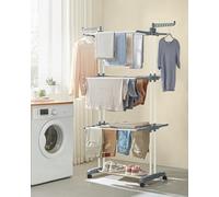Songmics Clothes Drying Rack, Large 4-Tier Laundry Airer, Mobile Clothes Horse, Stainless Steel, Folding Wings, Foldable, White
