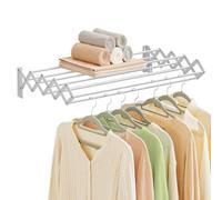 SONGMICS Clothes Drying Rack, Wall-Mounted Drying Rack Clothing, Accordion Laundry Rack, 9 Staggered Hanging Rods, Expandable and Retractable, Steel, Cloud White ULLR806W01