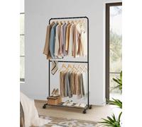 SONGMICS Middle Rod Clothes Rack, Clothes Rail for Bedroom, Clothing Rail on Wheels, with Storage Shelf, 2 Lockable Wheels, Each Rod Holds up to 20 kg, for Bags, Shoes, Storage Boxes, Black HSR027B01