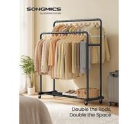 Songmics Clothes Rack, Garment Rack On Wheels, Coat Rack, 2 Lockable Wheels, Bedroom, Double Rods