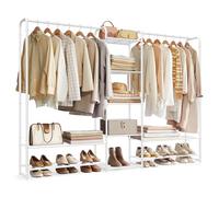 SONGMICS Clothes Rack, Open Wardrobe, Clothes Rail, Coat Rack with Shelves, Metal Wardrobe, Freestanding, 29 x 183 x 158.4 cm, Matte White LGR463W01