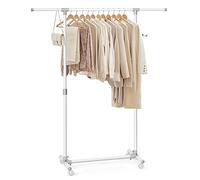 SONGMICS Clothes Rack with Castors, Garment Rack, Adjustable Height Between 97-165 cm, Clothes Rail with Extendable Bar, Side Hooks for Accessories and Bags, White LLR001W01