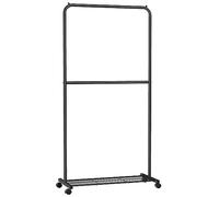 SONGMICS Clothes Rack with Wheels, Double-Rod Clothing Rack for Hanging Clothes, 25.4mm Metal Garment Rack with Dense Mesh Storage Shelf, 110 lb Load Capacity, 2 Brakes, Black UHSR027B01