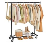 SONGMICS Clothes Rack with Wheels, Extendable Heavy Load Rail, Coat Rack, Clothes Storage, 90 kg Load Capacity, Easy Assembly, Black HSR13BKV1
