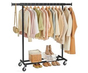 SONGMICS Clothes Rack with Wheels, Extendable Heavy Load Rail, Coat Rack, Clothes Storage, 90 kg Load Capacity, Easy Assembly, Black HSR13BKV1