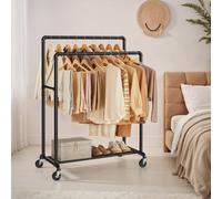 Songmics Clothes Rail On Wheels, Clothes Rack For Bedroom, Heavy-Duty Clothing Rail With 2 Hanging Rails And Shelf