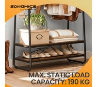 Songmics Clothes Rail With 2 Shelves, Clothes Rack , 6 S-Shaped Hooks, Steel Frame, For Bedroom, Rustic Brown And Black