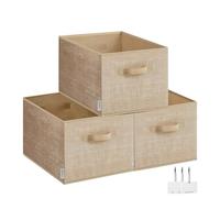 SONGMICS Collapsible Storage Boxes, Set of 3 Fabric Storage Baskets, 40 x 30 x 24 cm, Wardrobe Storage Organisers, 2 Handles, Label Holders, for Bedroom, Living Room, Sand Beige ROB440K01