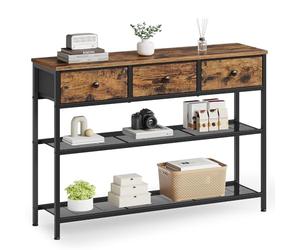 SONGMICS Collection - Console Table, Narrow Sofa Table with 2 Mesh Shelves for Living Room, Hallway, 30 x 98.8 x 78.7 cm, 3 Fabric Drawers, Rustic Brown BELLAH LGS098K101