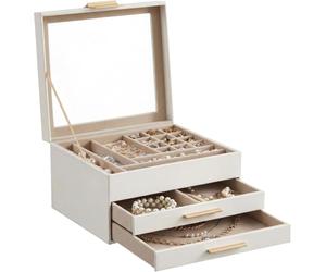 SONGMICS Collection - Jewelry Box Organizer with Glass Lid, 3-Layer Jewelry Storage, with 2 Drawers, Modern Style, 20.3 x 23.1 x 13.5 cm, Cloud White and Gold Color GISELLA UJBC239WT