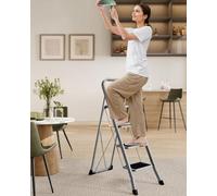 Songmics Compact 4-Step Folding Ladder, Features Safety Lock And Space-Saving Design For Convenient Storage, Dove Grey