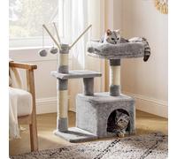 Songmics Compact Cat Condo, Small Feline Tower With Pompom Toys, Pet Activity Center, Light Grey