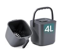 SONGMICS Compost Bin, PP Plastic Kitchen Food Waste Caddy, Worktop Bin with Lid and Strainer Basket, Odour-Proof, 4 L, 18.3 x 16.6 x 17.1 cm, Grey, Leos Collection LTB214GZ01