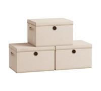 Songmics Cube Storage Boxes With Lids, 3 Pack Fabric Organiser Baskets, Foldable And Stackable, With Handles, Summer Sand