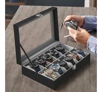 Songmics Deluxe Watch Storage Case, Dozen-Slot Luxury Display Box With Removable Cushions, Black And Grey