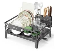 SONGMICS Dish Drainer, Dish Rack, 360° Rotatable and Extendable Drain, Drip Tray, Cutlery Holder, Kitchen, 31 x 42 x 18.5 cm, Anthracite Gray KCS550GT01