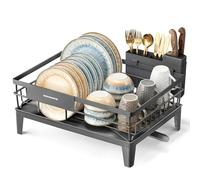 SONGMICS Dish Drying Rack, Dish Drainer Rack for Kitchen Counter, 360° Rotatable and Extendable Spout, Draining Board, with Cutlery Holder, 31 x 42 x 18.5 cm, Anthracite Grey KCS550GT01