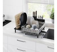 Songmics Dish Drainer Rack, Expandable Dish Drying Rack, Stainless Steel Kitchen Dish Rack With Rotatable Spout, Silver And Black