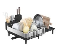 SONGMICS Dish Drainer Rack, Expandable Dish Drying Rack, Stainless Steel Kitchen Dish Rack with Rotatable Spout, Utensil, Cup, Glass, Cutting Board and Pan Holders, Silver and Black KCS037B01