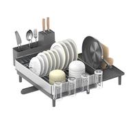 SONGMICS Dish Drainer Rack, Expandable Dish Drying Rack, Stainless Steel Kitchen Dish Rack with Rotatable Spout, Utensil, Cup, Glass, Cutting Board and Pan Holders, Silver and Grey KCS037G01