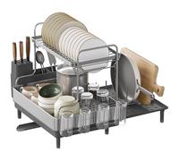 SONGMICS Dish Drainer Rack, Kitchen Expandable Dish Drying Rack, Stainless Steel, Extendable Spout, Utensil, Cup, Cutting Board Holders, (31.7-54.9) x 48.6 x 41 cm, Silver and Grey KCS038G01