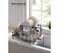 Songmics Dish Drainer Rack, Kitchen Expandable Dish Drying Rack, Stainless Steel, Extendable Spout, Utensil, Cup
