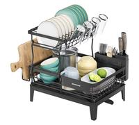 SONGMICS Dish Drying Rack, 2-Tier Dish Drainer for Kitchen Counter, 360° Rotatable and Extendable Spout, Drainboard, with Cutlery Holder, 31 x 42 x 36.5 cm, Ink Black KCS551BH01