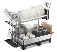 SONGMICS Dish Drying Rack - 2 Tier Dish Rack for Kitchen Counter with Rotatable and Extendable Drain Spout, Dish Drainer with Utensil, Cup, Glass, Cutting Board Holders, Black UKCS032B01