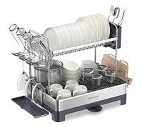 SONGMICS Dish Drying Rack, 2-Tier Stainless Steel Dish Drainer with Extendable Spout, Drainboard, Cup Holder, Fingerprint-Resistant, for Kitchen, 32.5 x 58 x 39.6 cm, Silver and Grey KCS032E01