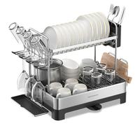 SONGMICS Dish Drying Rack, 2-Tier Stainless Steel Dish Drainer with Extendable Spout, Drainboard, Cup Holder, Fingerprint-Resistant, for Kitchen, 32.5 x 58 x 39.6 cm, Silver and Black KCS032B01