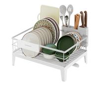 SONGMICS Dish Drying Rack, Dish Drainer for Kitchen Counter, 360° Rotatable and Extendable Spout, Drainboard, with Cutlery Holder, 31 x 42 x 18.5 cm, Cloud White KCS550WG01