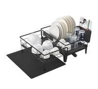 SONGMICS Dish Drying Rack, Dish Drainer for Kitchen Counter, 360?Rotatable and Extendable Spout, Drainboard, with Cutlery Holder, 31-56 x 42 x 20 cm, Ink Black KCS552B01