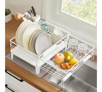 SONGMICS Dish Drying Rack, Dish Drainer for Kitchen Counter, 360° Rotatable and Extendable Spout, Drainboard, with Cutlery Holder, 31-56 x 42 x 20 cm, Matte White and Dove Grey KCS552W01