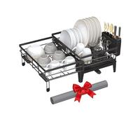 SONGMICS Dish Drying Rack, Dish Drainer for Kitchen Counter, 360?Rotatable and Extendable Spout, Drainboard, with Cutlery Holder, 31-56 x 42 x 20 cm, Ink Black KCS552B01