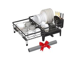 SONGMICS Dish Drying Rack, Dish Drainer for Kitchen Counter, 360?Rotatable and Extendable Spout, Drainboard, with Cutlery Holder, 31-56 x 42 x 20 cm, Ink Black KCS552B01