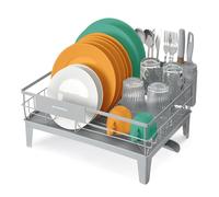 SONGMICS Dish Drying Rack, Dish Drainer Rack for Kitchen Counter, 360° Rotatable and Extendable Spout, Draining Board, with Cutlery Holder, 31 x 42 x 18.5 cm, Dove Grey KCS550G01