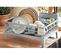 SONGMICS Dish Drying Rack, Dish Drainer Rack for Kitchen Counter, 360° Rotatable and Extendable Spout, Draining Board, with Cutlery Holder, 31 x 42 x 18.5 cm, Dove Grey KCS550G01