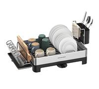 SONGMICS Dish Drying Rack, Stainless Steel Dish Drainer with Extendable Spout, Drainboard, Cup Holder, Fingerprint-Resistant, for Kitchen, 31.5 x 58.8 x 24.1cm, Silver and Black KCS030B01