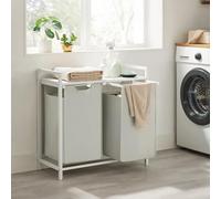 Songmics Double-Bin Laundry Hamper, Clothes Basket, Pull-Out Linen Bags, Sorting Rack, Metal Frame, White