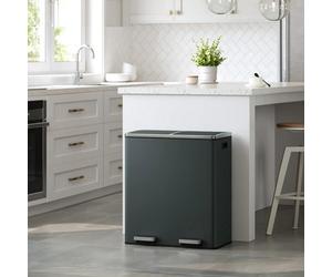 Songmics Double Compartment Rubbish Bin With 15 Bin Bags, Metal Foot Pedals, 2 Inner Buckets, Lids, Soft Close, Anthracite Grey