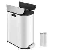 SONGMICS Double Kitchen Bin, 30L and 20L Dual Compartment Slim Bin for Recycling and Waste, Pedal Bin with Wing Lids, Cloud White and Metallic Silver LTB570W02