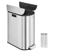 SONGMICS Double Kitchen Bin, 30L and 20L Dual Compartment Slim Bin for Recycling and Waste, Pedal Bin with Wing Lids, Metallic Silver LTB570E50