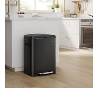 Songmics Double Rubbish Bin, 2 Kitchen Bin, Dual Compartment Metal Step Bin, With Plastic Inner Buckets, Odour Seal, Black