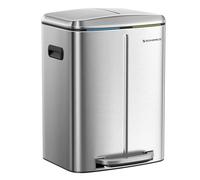 SONGMICS Double Rubbish Bin, 2 x 20L Kitchen Bin, Dual Compartment Metal Step Bin, with Plastic Inner Buckets, Soft-Close Lids, and Handles, Odour Seal, Silver LTB40NL